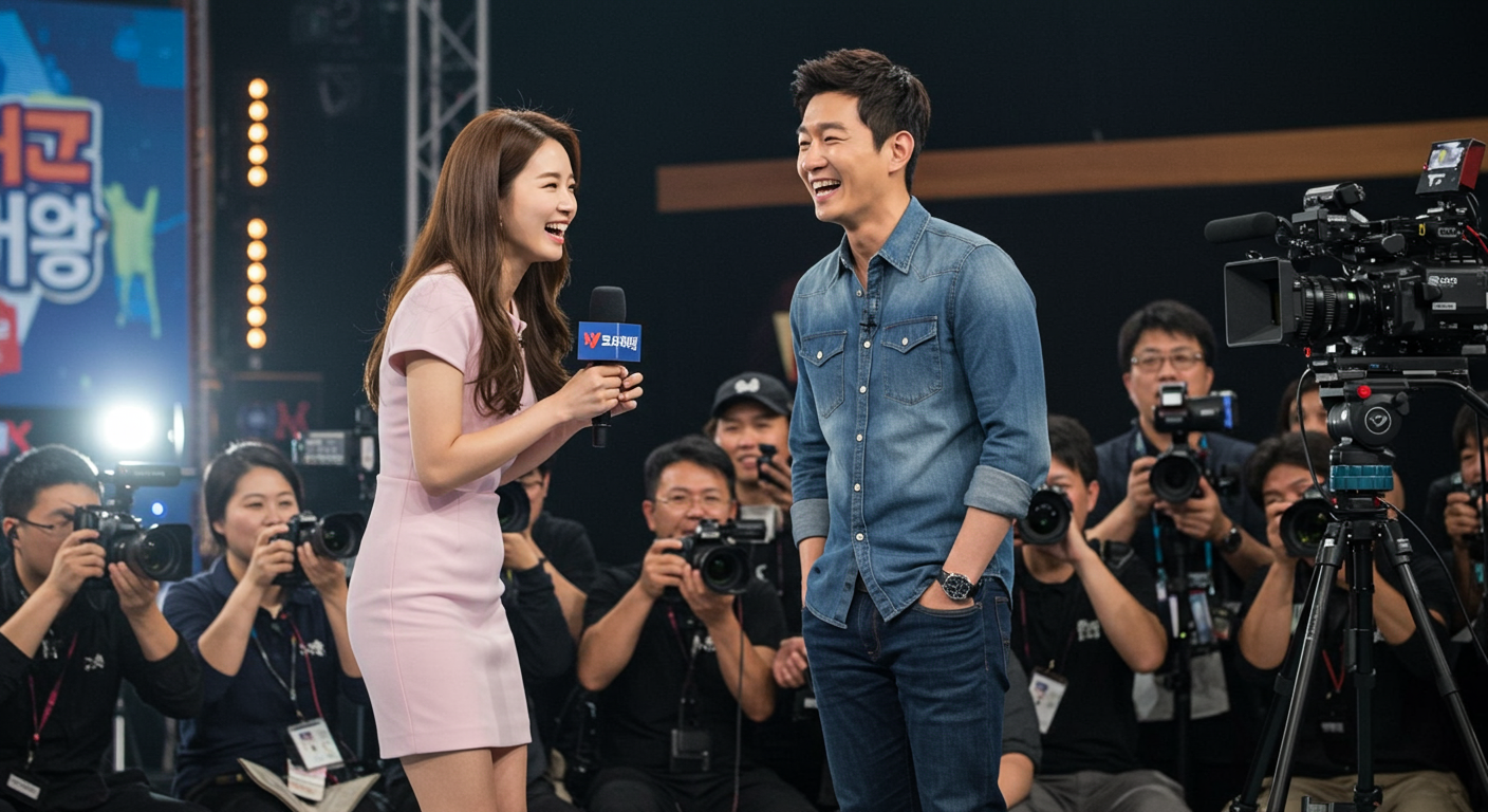 예능 프로그램 세트장에서 첫 만남을 가지는 한국 배우와 여배우