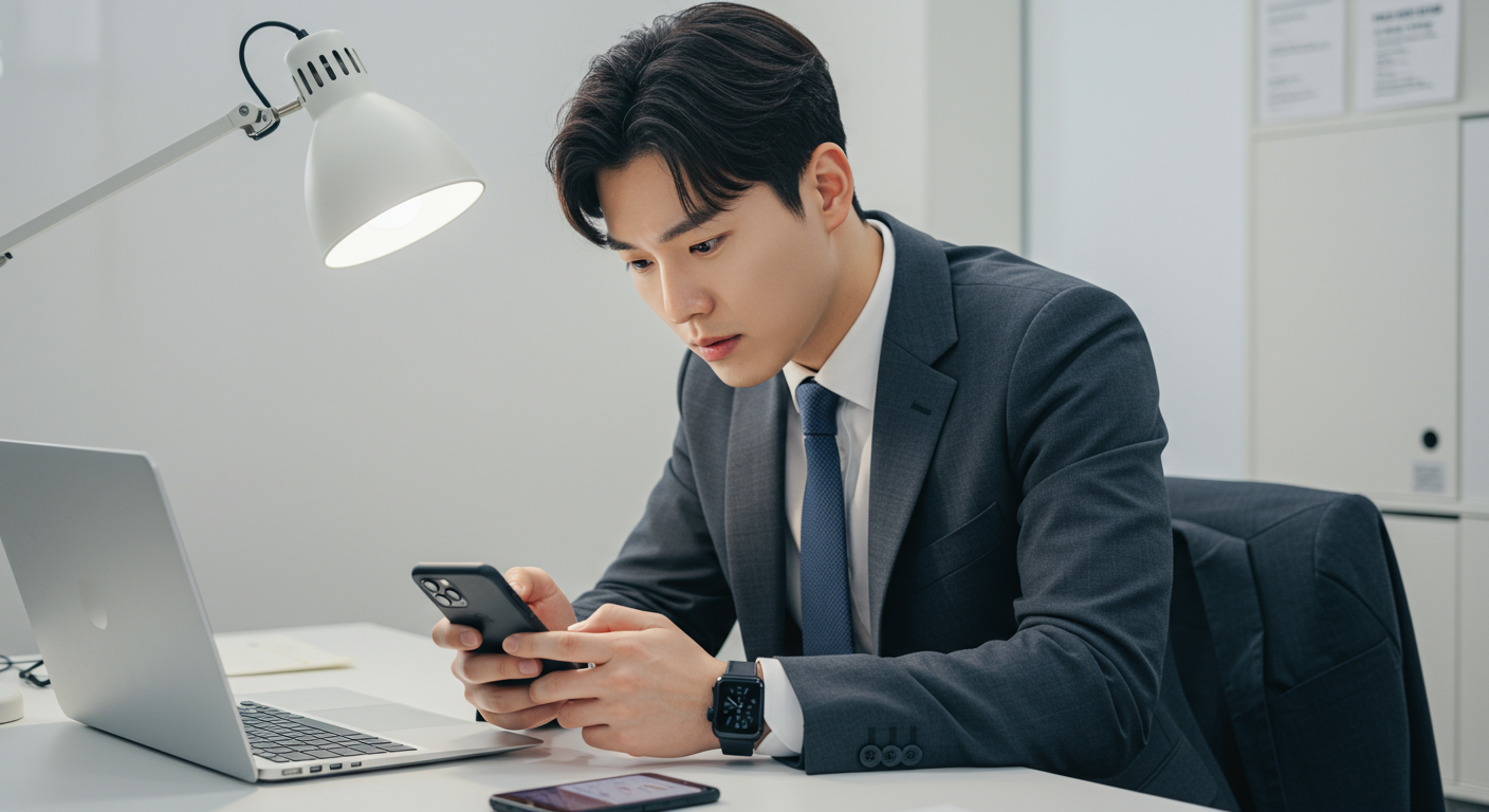 책상에서 스마트폰 문제를 해결하려는 집중된 표정의 직장인 모습