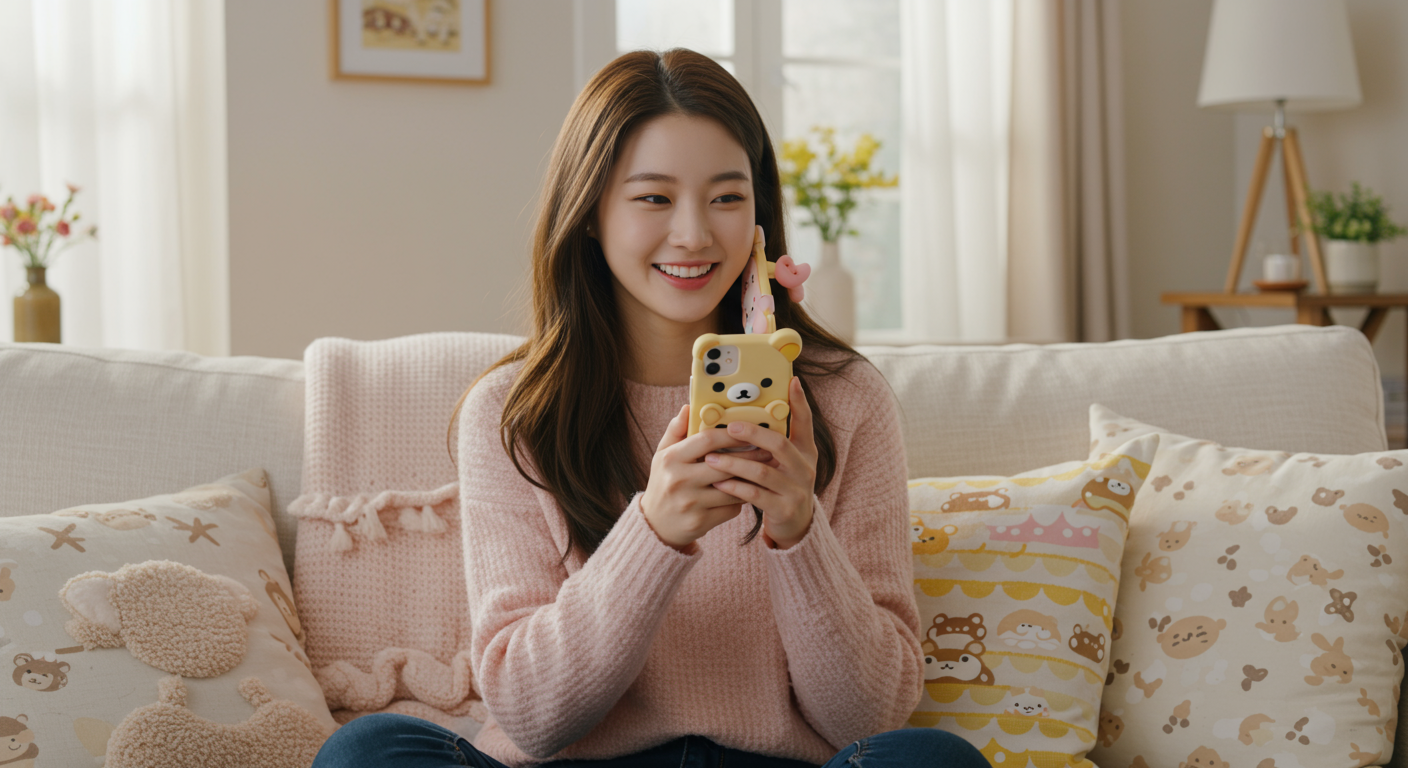 아이폰으로 리락쿠마 테마를 사용하며 채팅 중인 미소 짓는 젊은 여성의 아늑한 집안 모습
