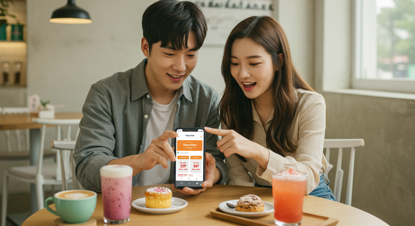 카페에서 스마트폰으로 티몬 플러스 할인을 확인하는 젊은 커플