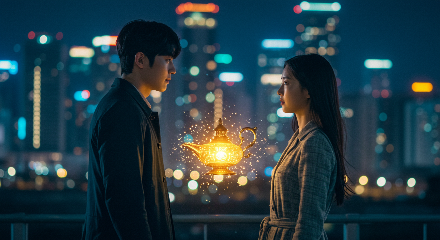 김우빈과 수지가 등장하는 현대적 판타지 배경의 장면