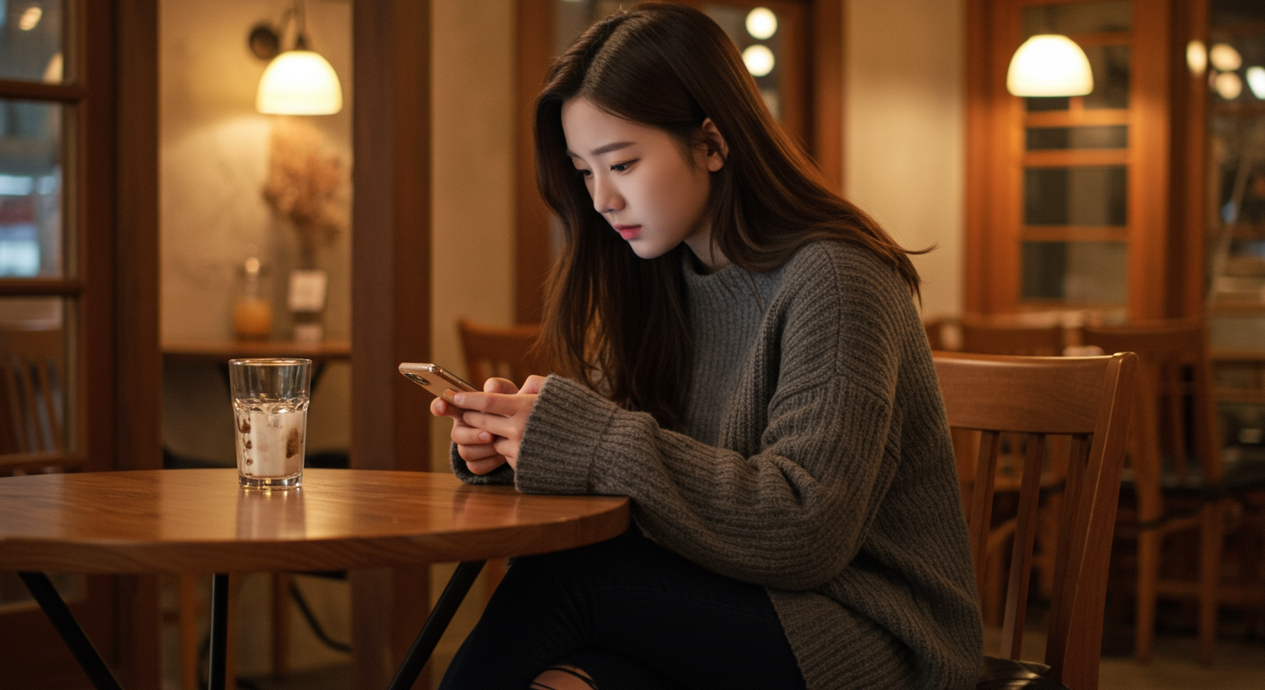 카페에서 스마트폰으로 소셜 미디어 피드를 읽고 있는 학생