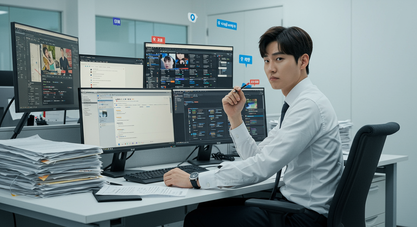 사무실에서 여러 모니터로 소셜 미디어 피드를 보며 회의적인 표정을 짓고 있는 직장인