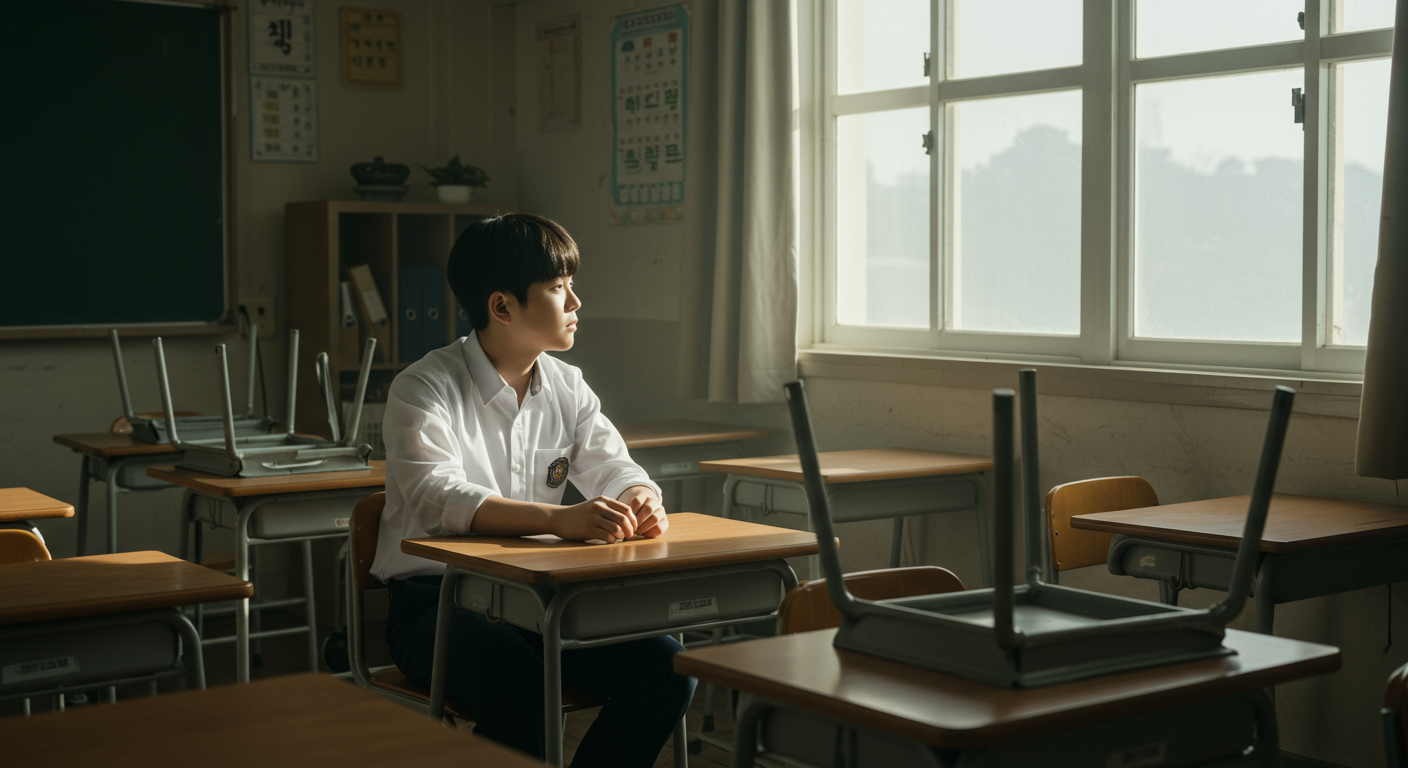 빈 교실에서 창밖을 바라보며 생각에 잠긴 한국 소년