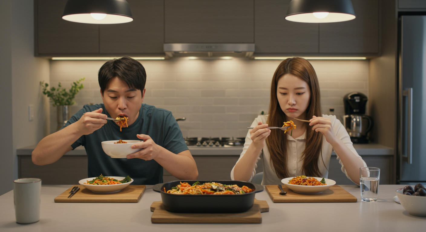 서로 다른 취향으로 긴장감이 흐르는 식사 중인 한국 부부