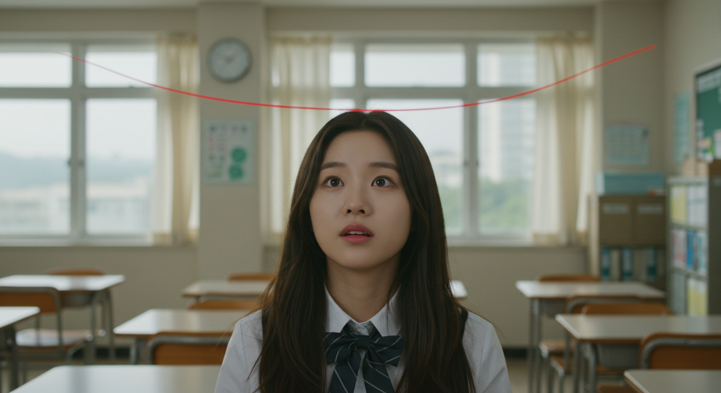 교실 안에서 공중에 보이지 않는 붉은 선을 바라보는 한국 고등학생 소녀