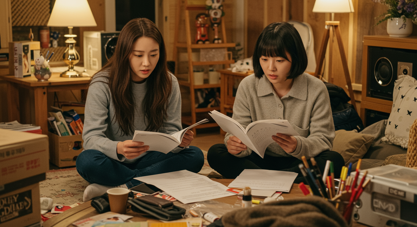 스튜디오에서 대본 연습 중인 두 여배우의 모습