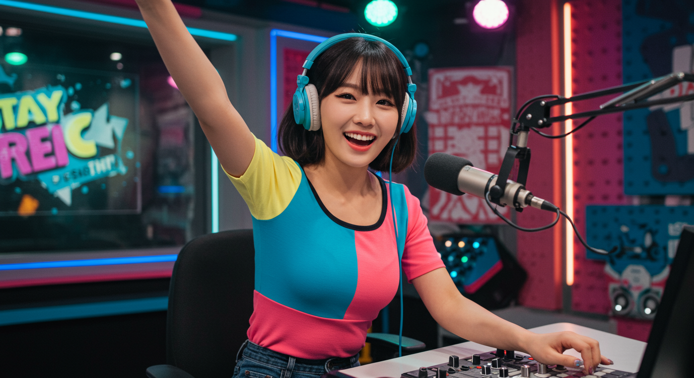 활기찬 에너지로 생방송을 진행하는 한국 여성 DJ 및 MC