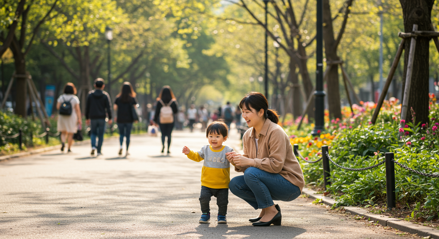도시 공원에서 자녀와 함께 시간을 보내는 강인하고 독립적인 한국 엄마