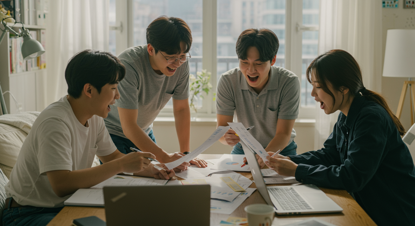 도심 아파트에서 테이블 주변에 모여 로또 번호와 전략을 논의하는 젊은이들
