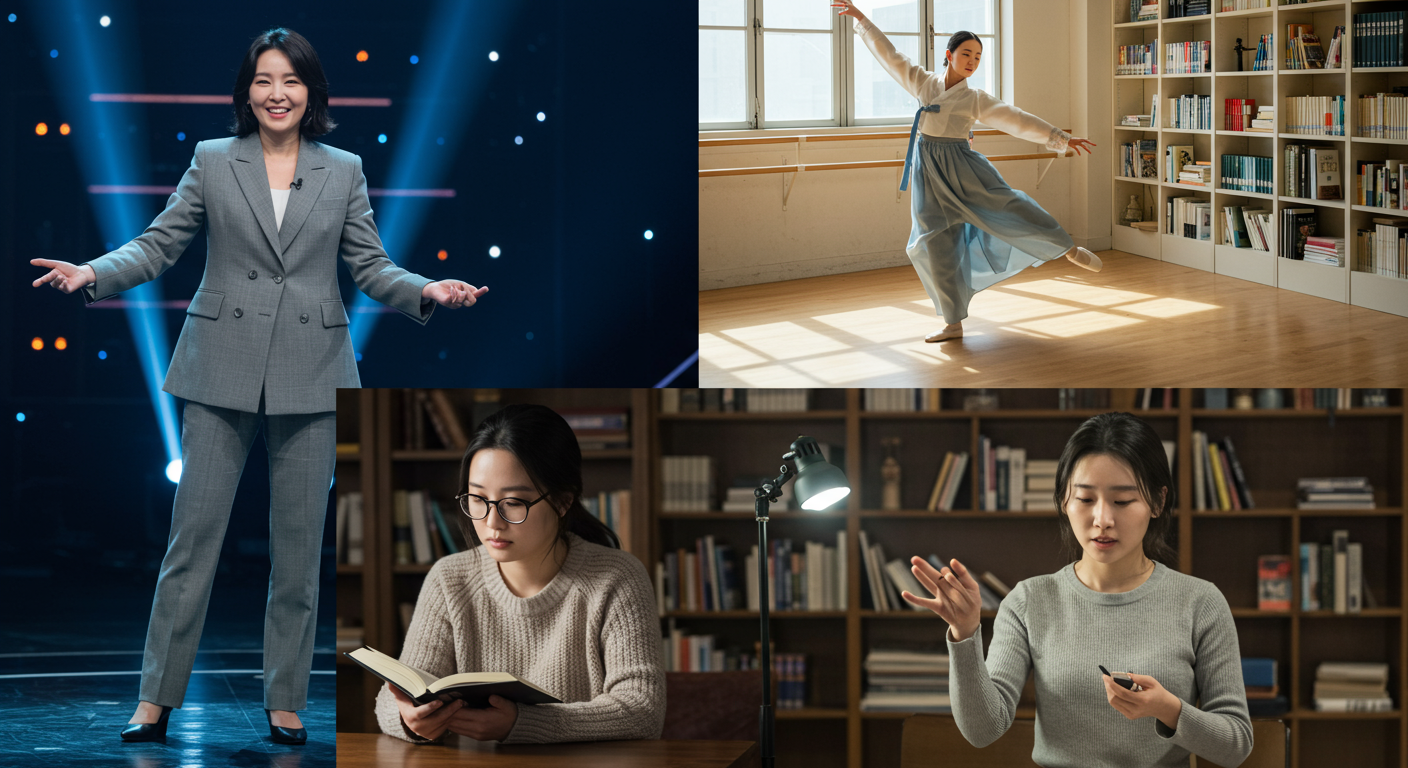 무대 위에서 미소 짓는 자신감 있는 여성, 스튜디오에서 연습 중인 우아한 무용가 등