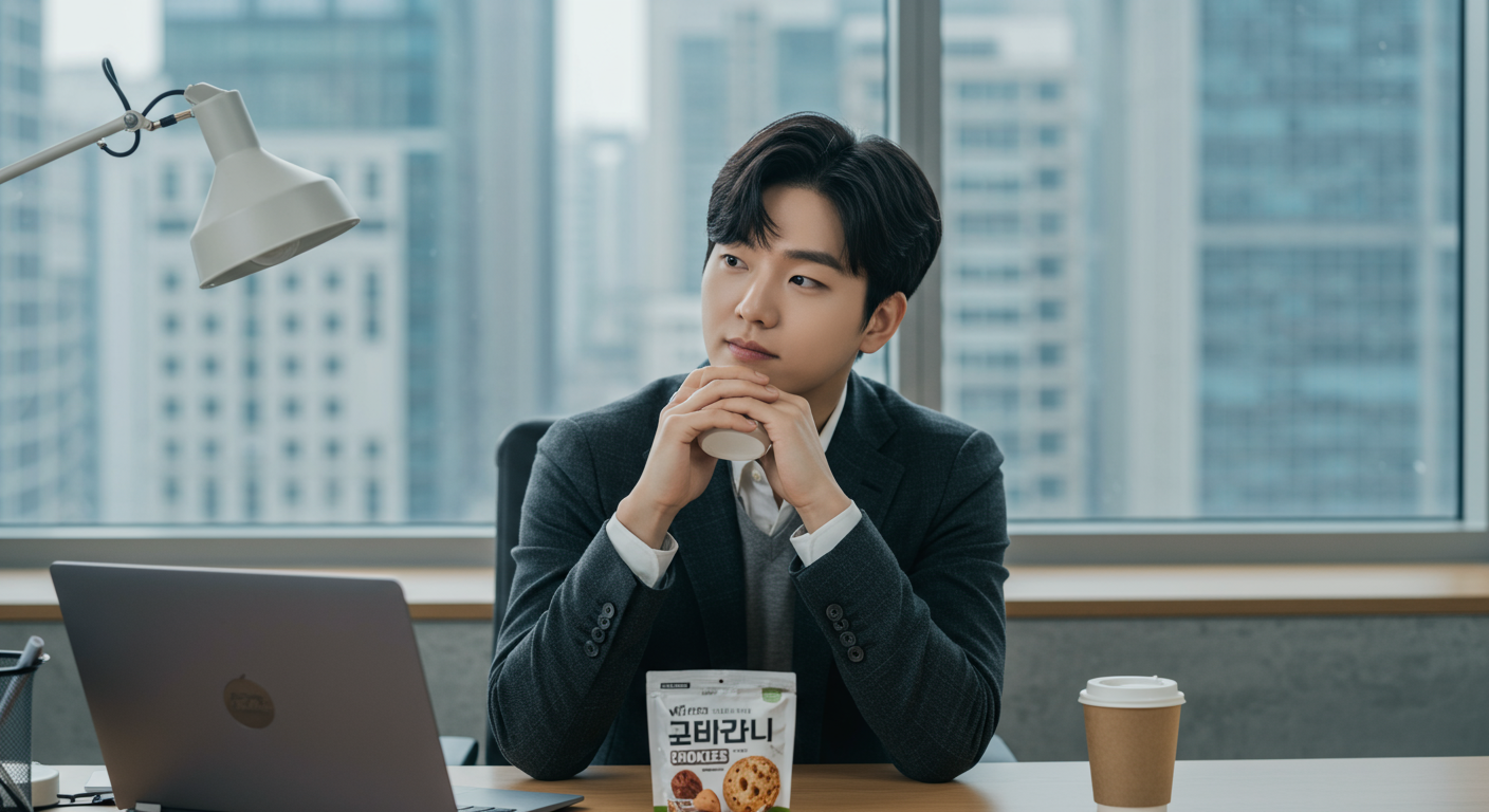 현대적인 사무실 환경에서 책상에 앉아 노트북과 커피컵을 앞에 두고 딜라이틴 쿠키를 바라보는 바쁜 직장인의 모습