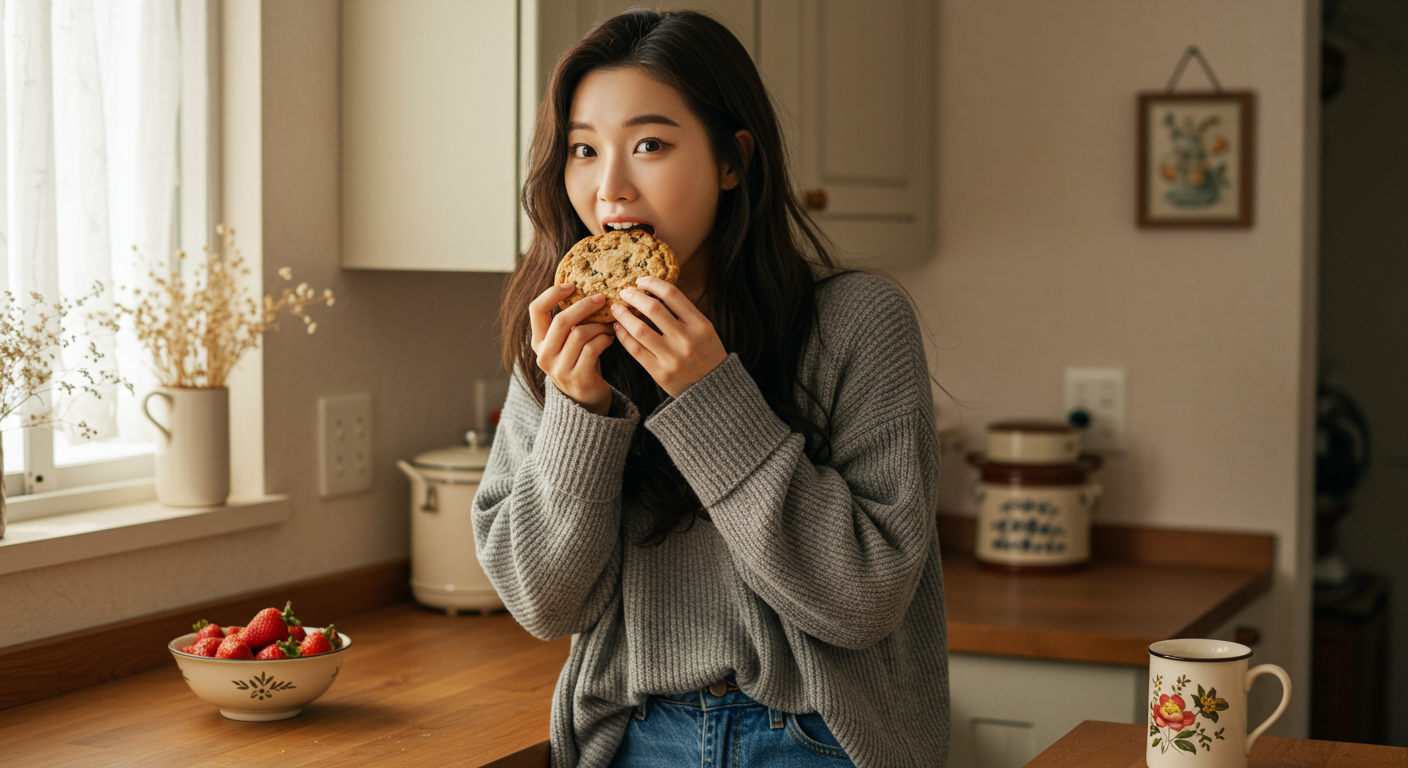 캐주얼한 복장의 젊은 여성이 초콜릿 조각이 보이는 꾸덕하고 쫀득한 쿠키를 한 입 베어 무는 모습