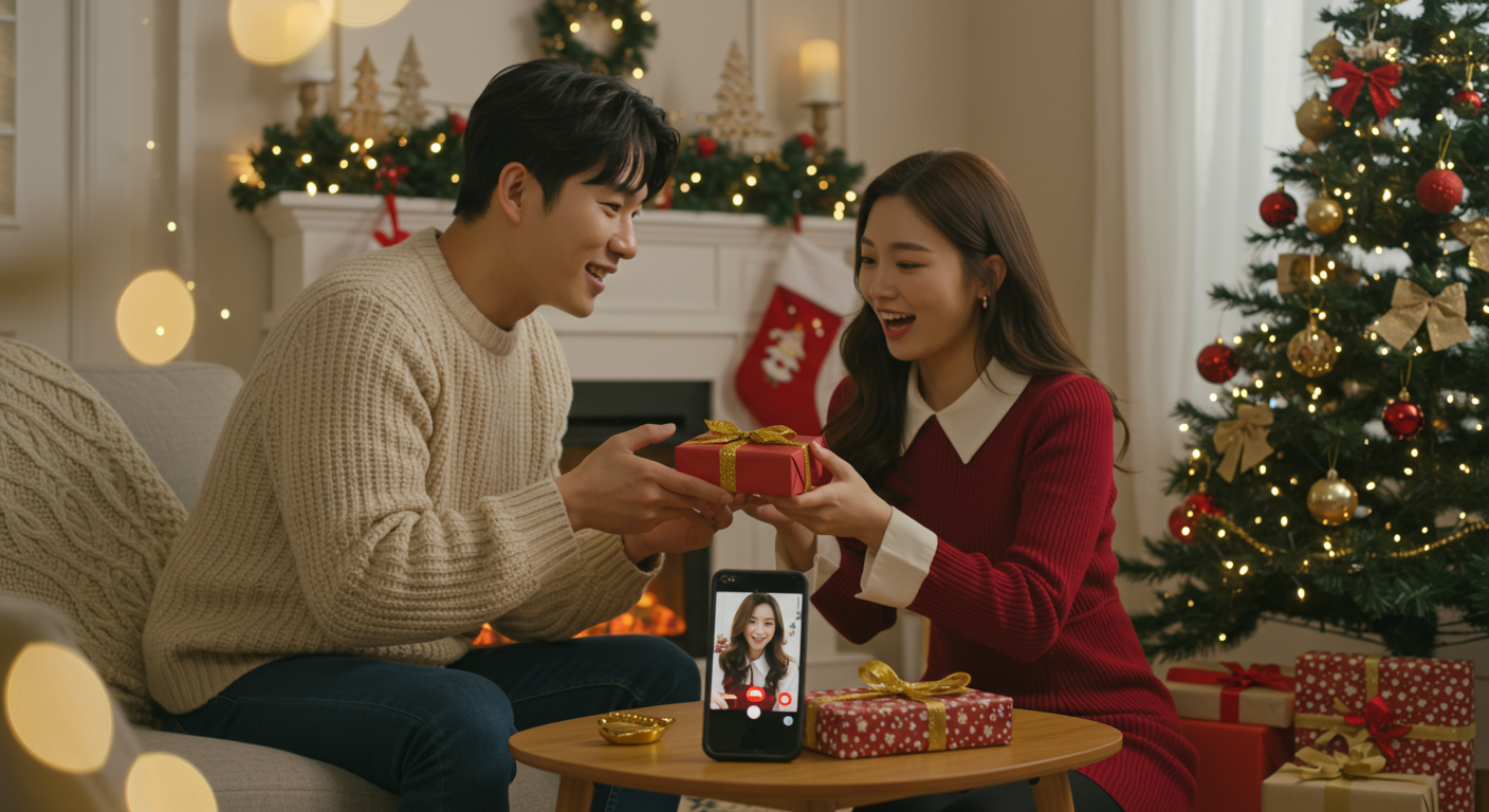 스마트폰으로 화상 통화하며 선물을 주고받는 커플의 집안 풍경