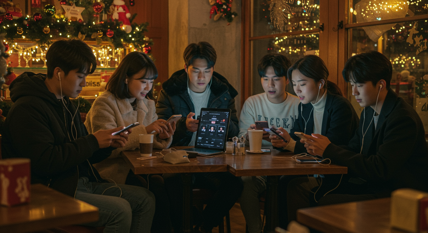 카페에서 스마트폰으로 스트리밍 서비스를 이용하는 젊은 사람들