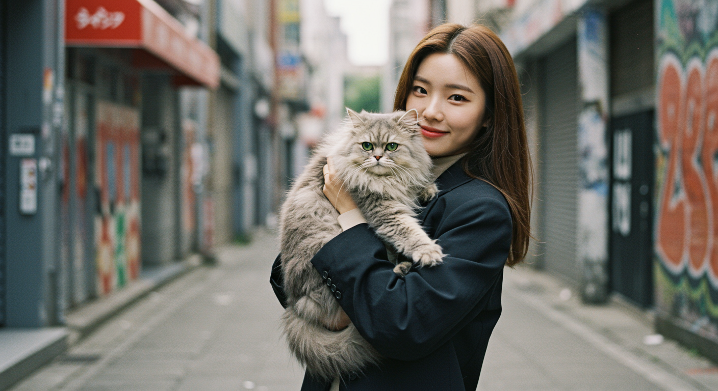 도심에서 반려묘 푸르를 안고 있는 현대적인 여성 모델