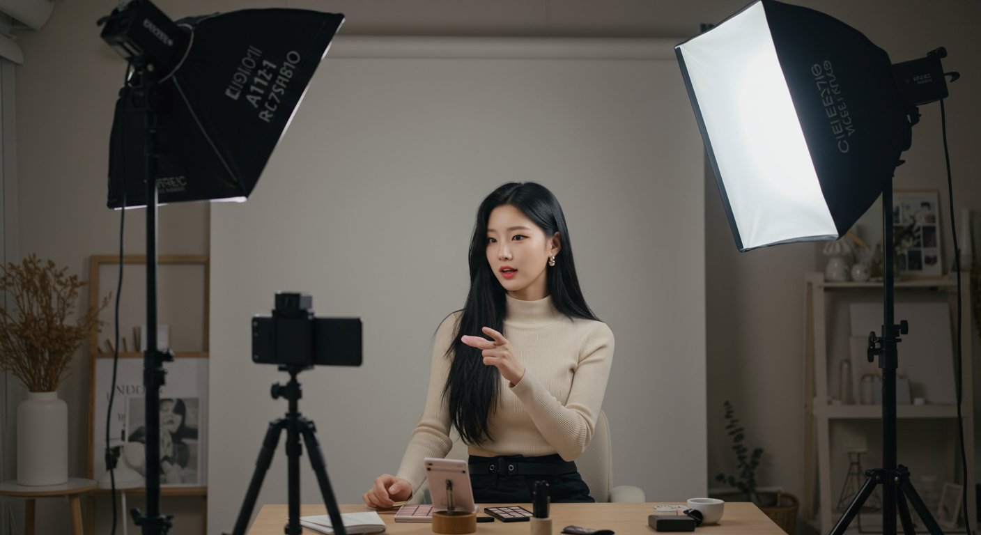 현대적 홈 스튜디오에서 디지털 콘텐츠를 제작하는 스타일리시한 인플루언서
