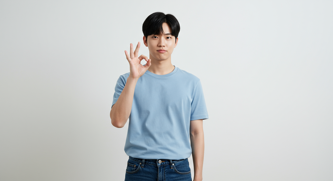 한국 남성이 특정 온라인 커뮤니티를 상징하는 손동작을 하고 있는 모습