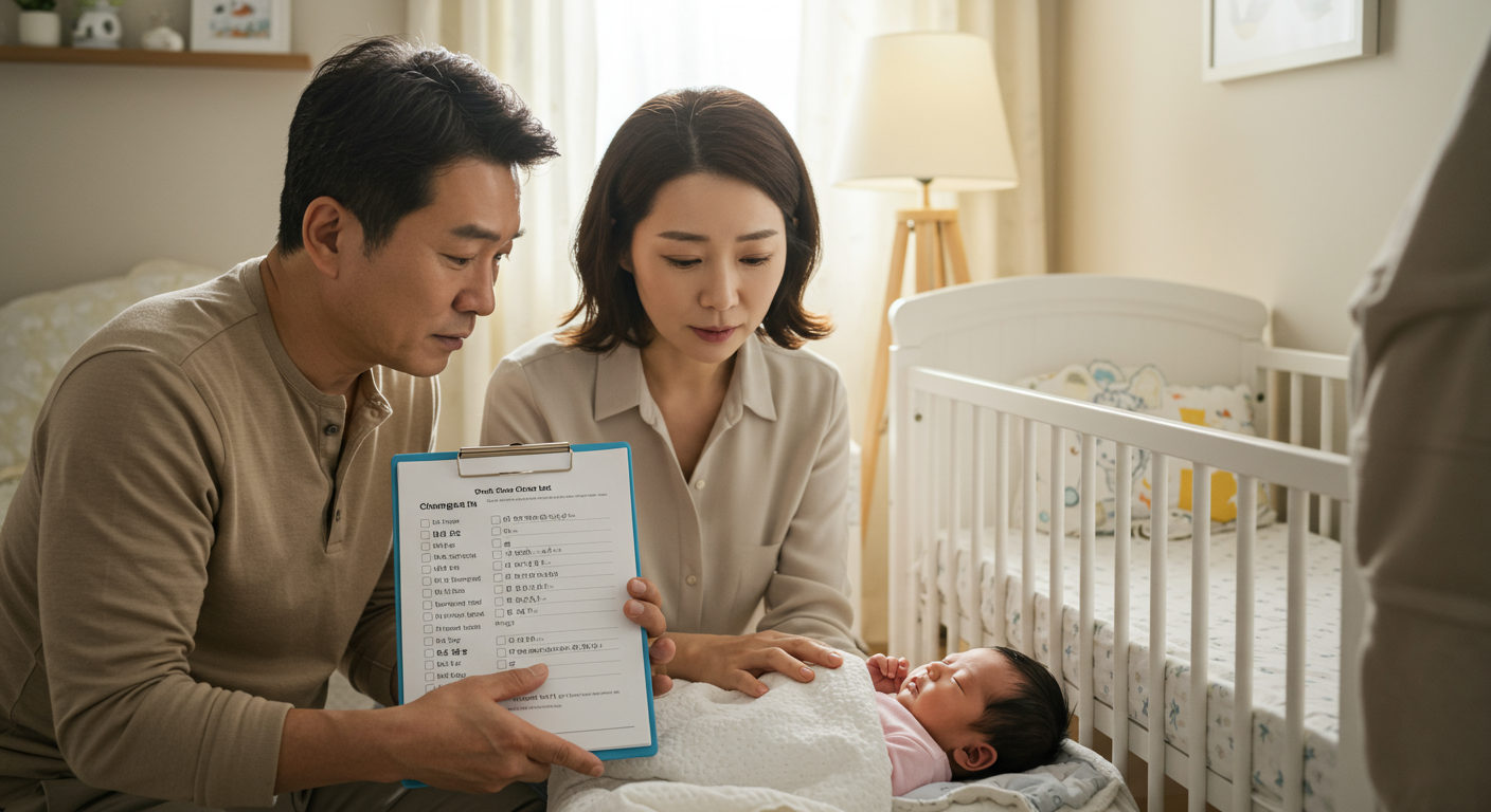 아기의 변화를 체크리스트로 점검하는 부모들