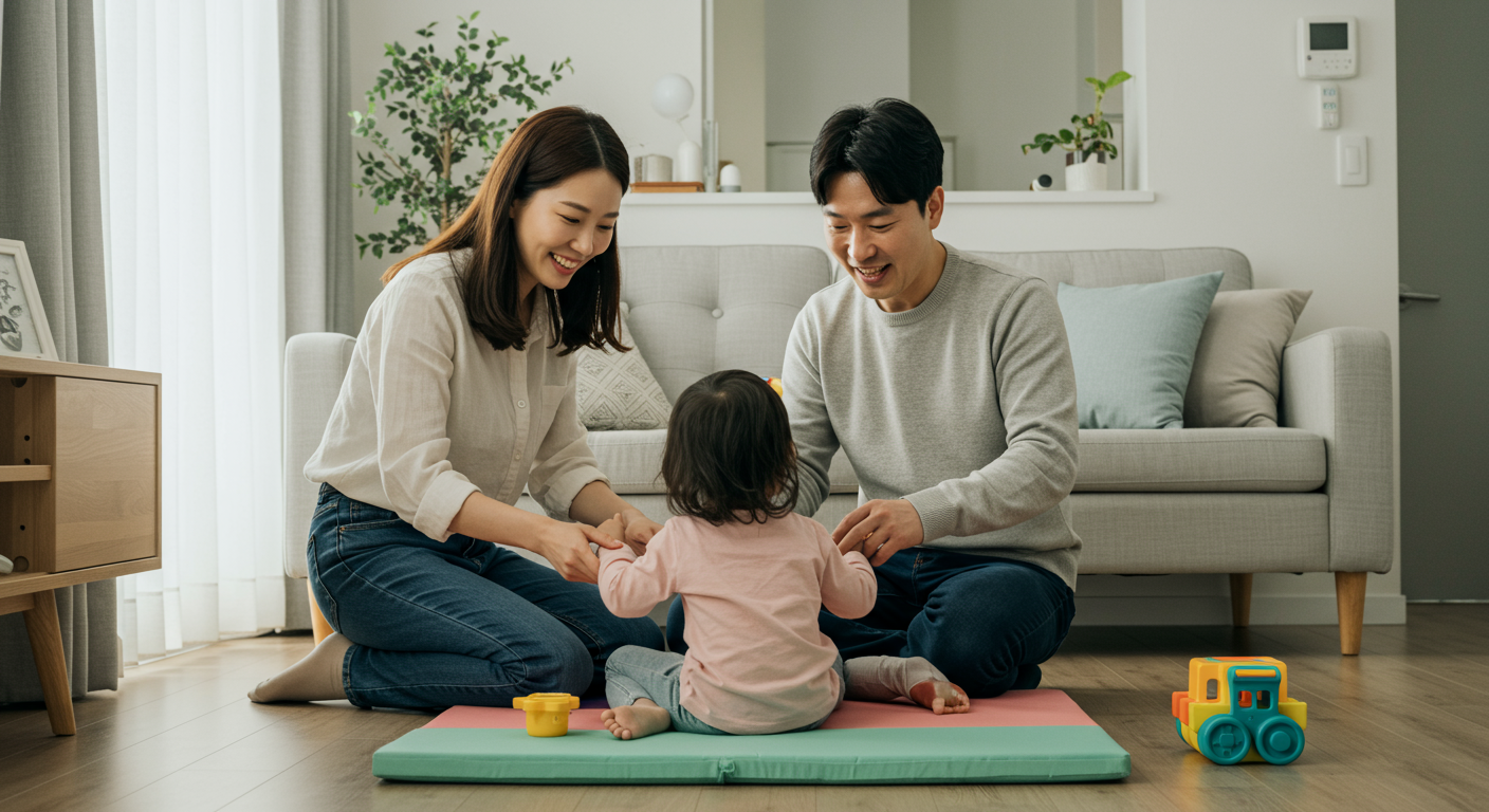 가정에서 긍정적인 육아 활동에 참여하는 현대 가족의 모습