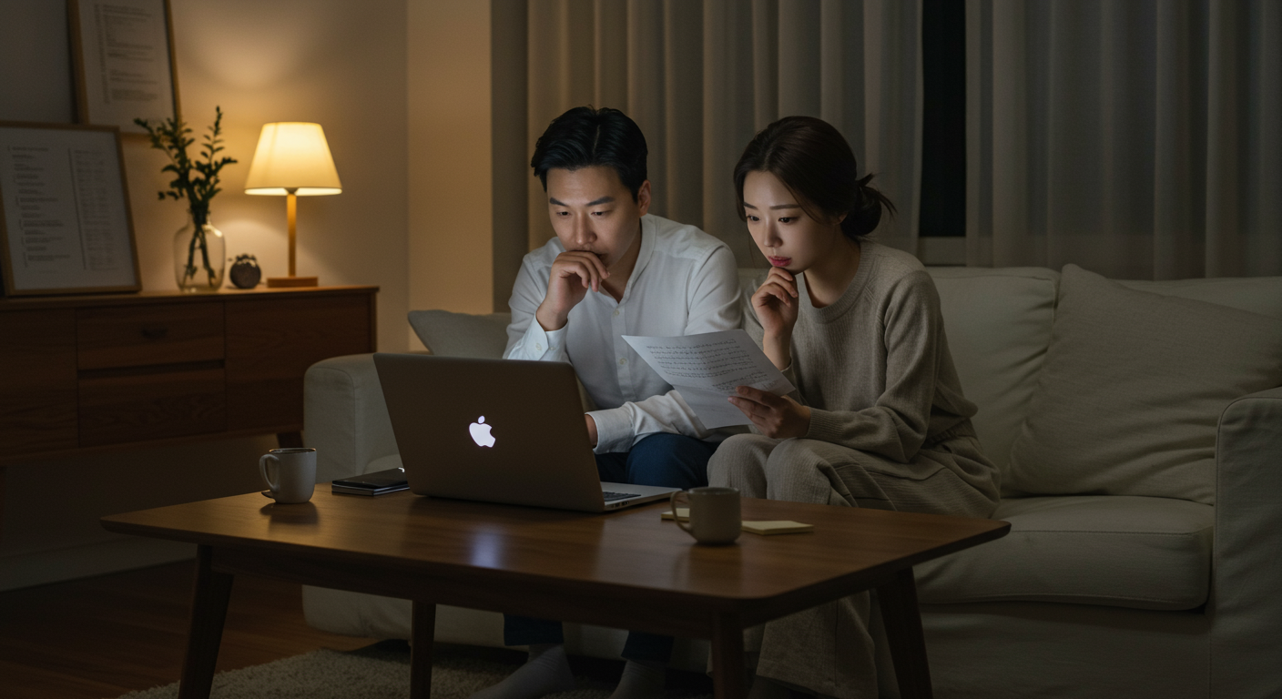 집에서 노트북을 통해 서약서를 검토 중인 한국 커플