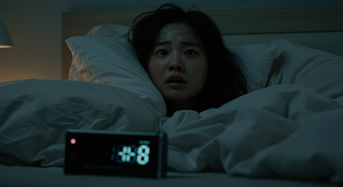 한밤중 땀을 흘리며 놀라 깨어난 여성의 모습