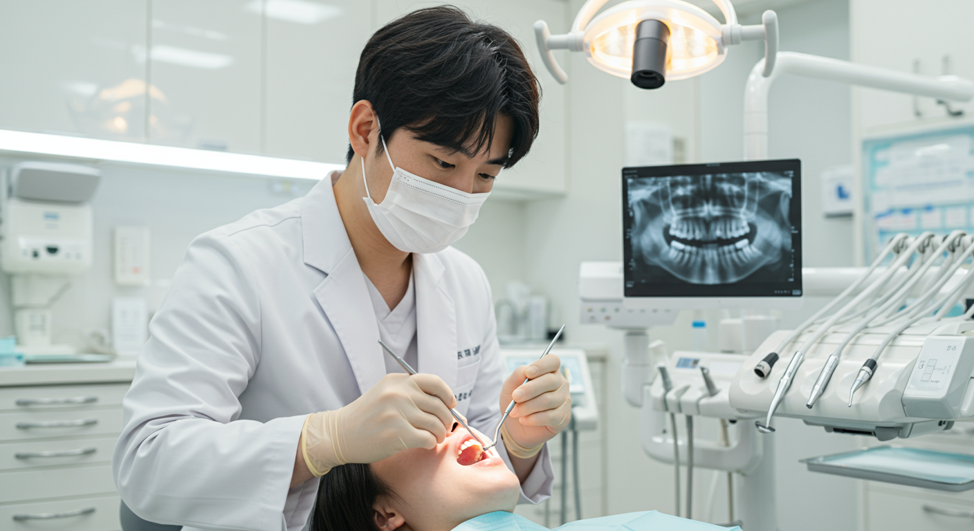 치과에서 환자의 치아를 검사하는 치과 의사의 모습