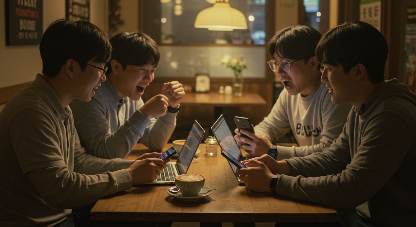 카페에서 스포츠 데이터를 분석하며 응원의 메시지를 나누는 젊은이들