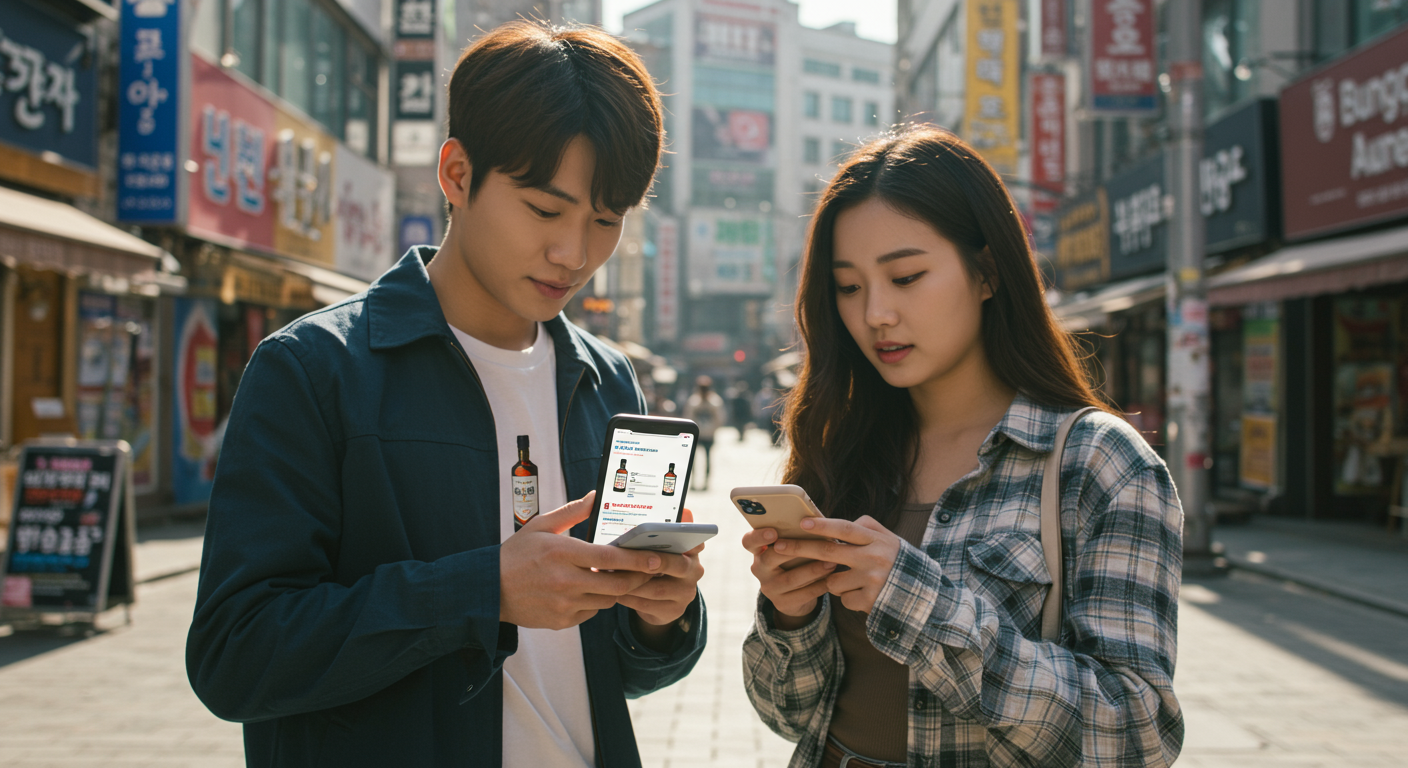 젊은 구매자가 스마트폰으로 번개장터 앱에서 발렌타인 빈병 검색하는 모습
