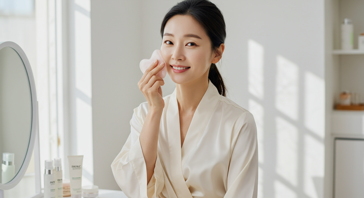방에서 수분 공급과 괄사 마사지를 중심으로 한 피부 관리를 시연하는 중년의 한국 여성