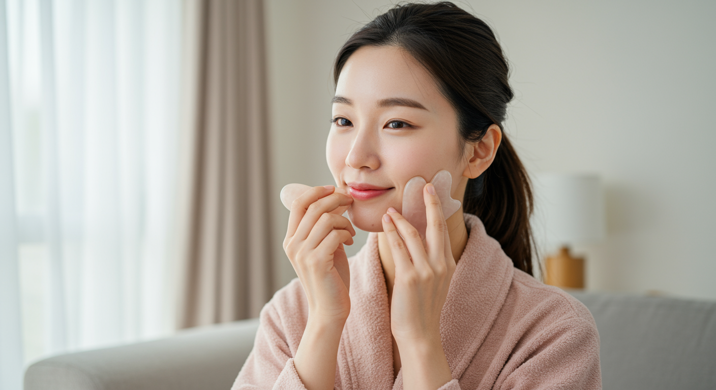 혈액순환 개선과 근육 이완 효과를 강조하며 집에서 괄사 마사지를 하는 한국 여성
