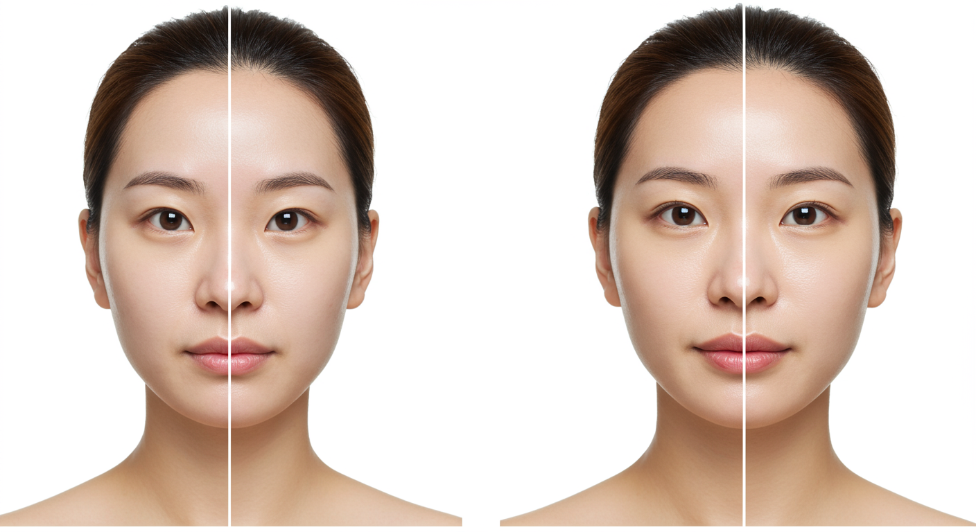 귀 주변과 턱선 부위에서 부기 감소 전후 변화를 보여주는 한국 여성 얼굴 클로즈업