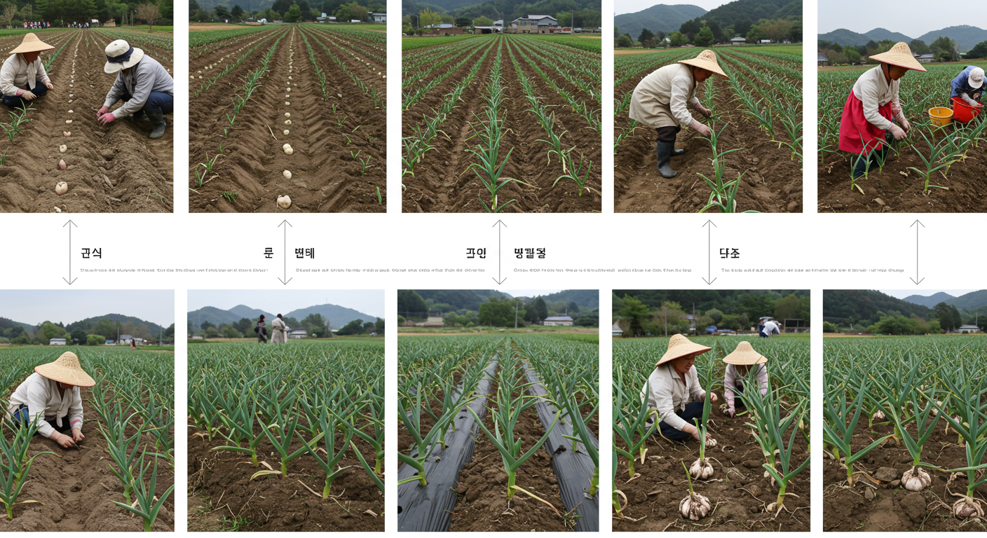 한국에서 마늘 재배부터 수확까지의 다양한 단계와 그 과정