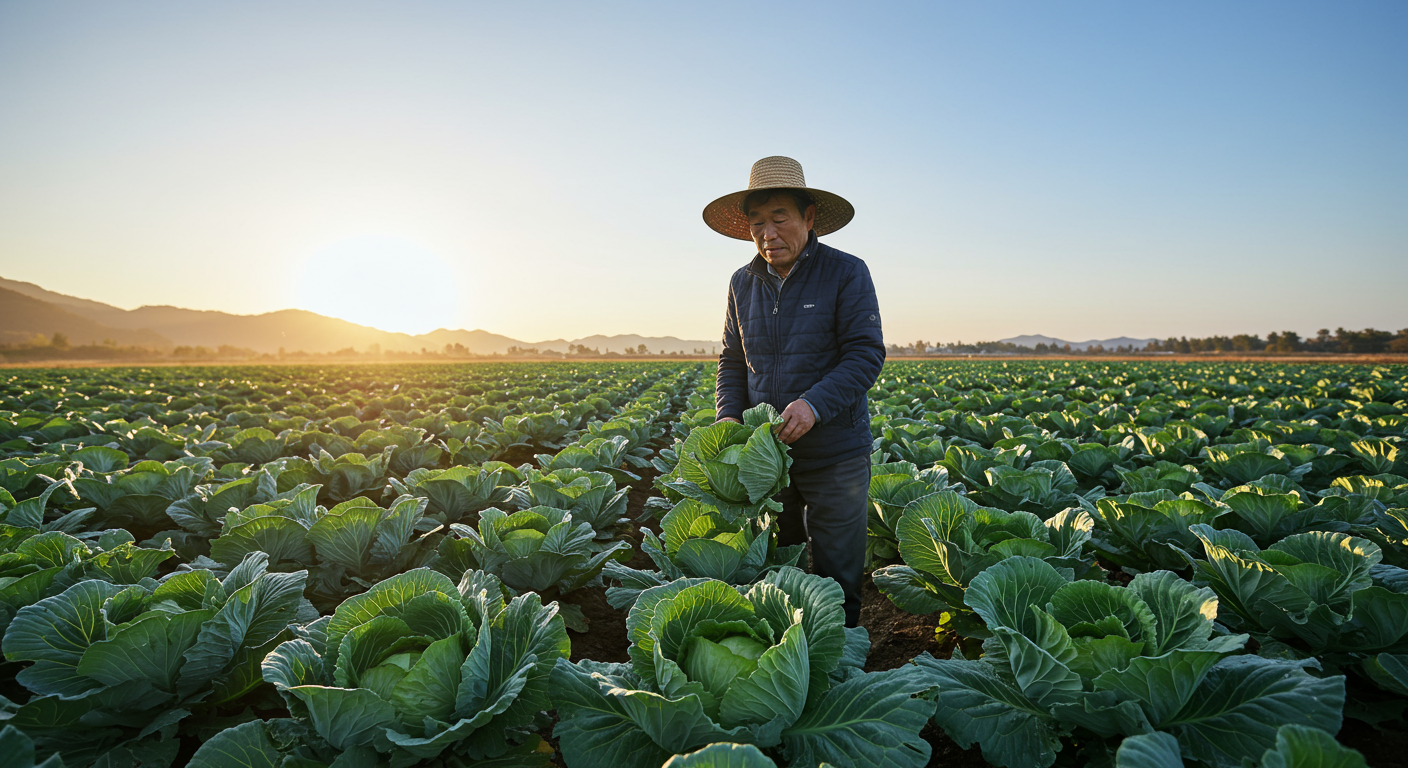가을 하늘 아래 배추밭에서 건강한 배추를 살피는 농부의 모습