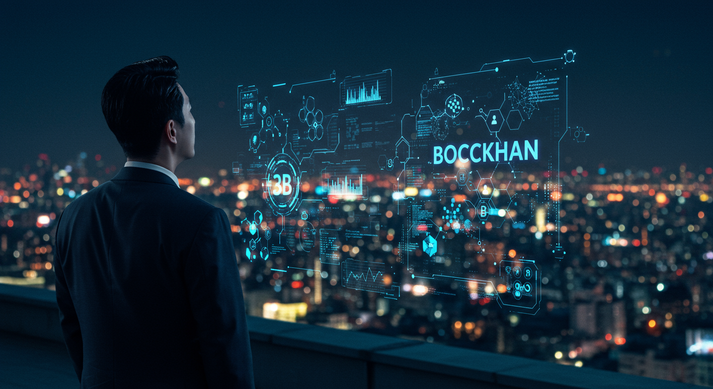 현대적 도시 풍경 속에서 블록체인 기술 발전을 홀로그램으로 바라보는 CEO