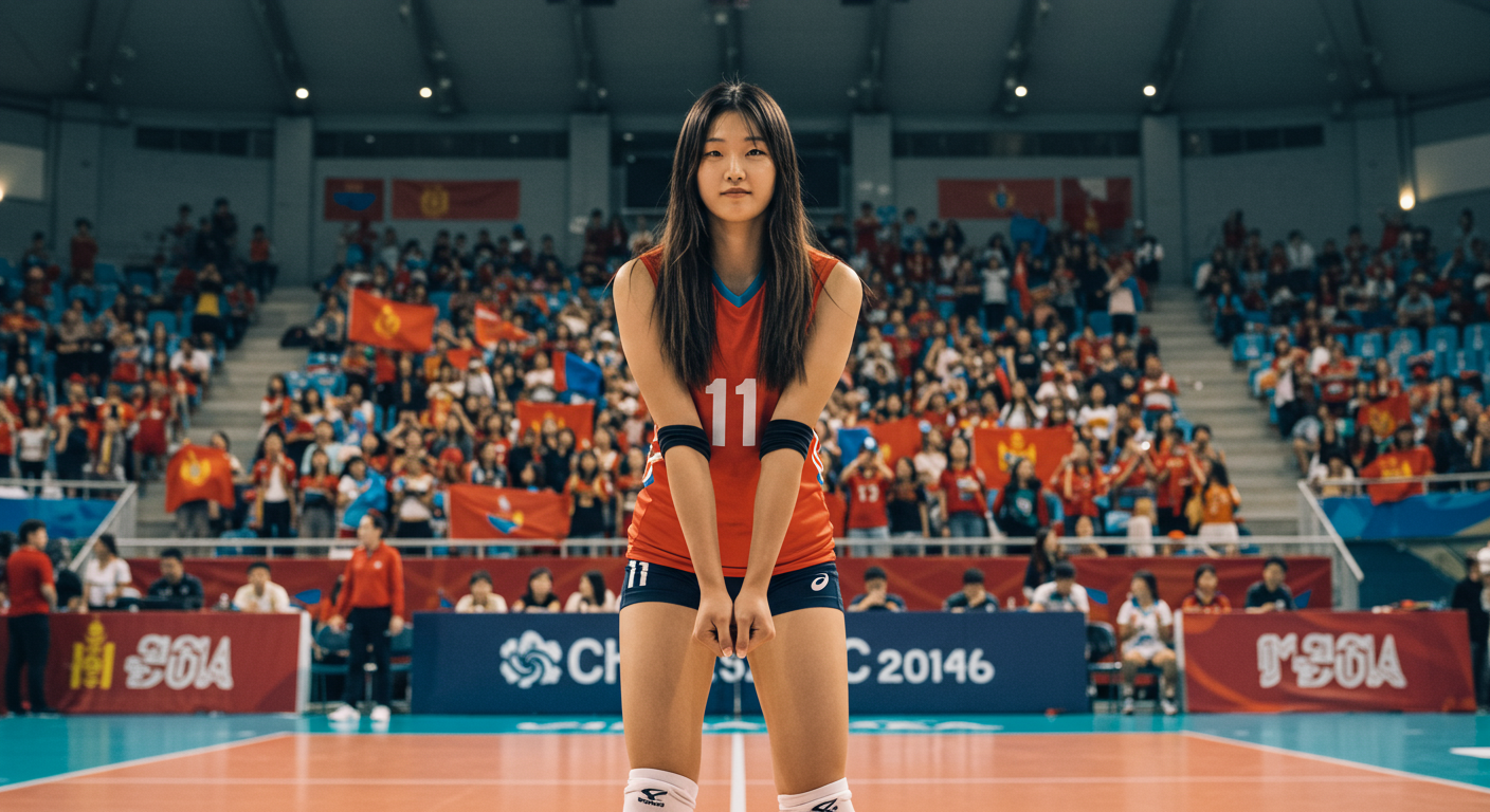 젊은 여자 배구 선수가 몽골 배구 코트에서 자신감 있게 서 있는 모습