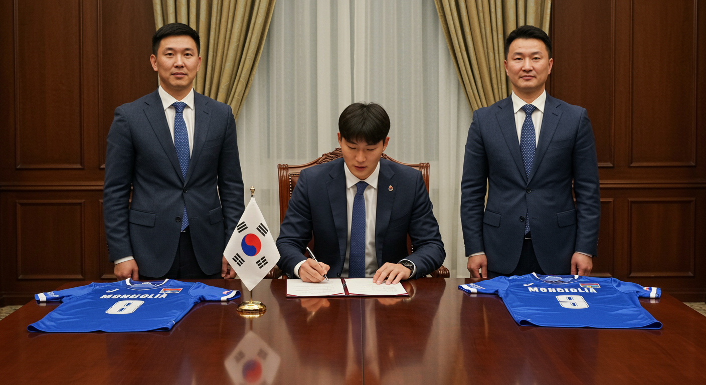 몽골 팀과 계약을 체결하는 한국 배구 선수의 공식적인 장면