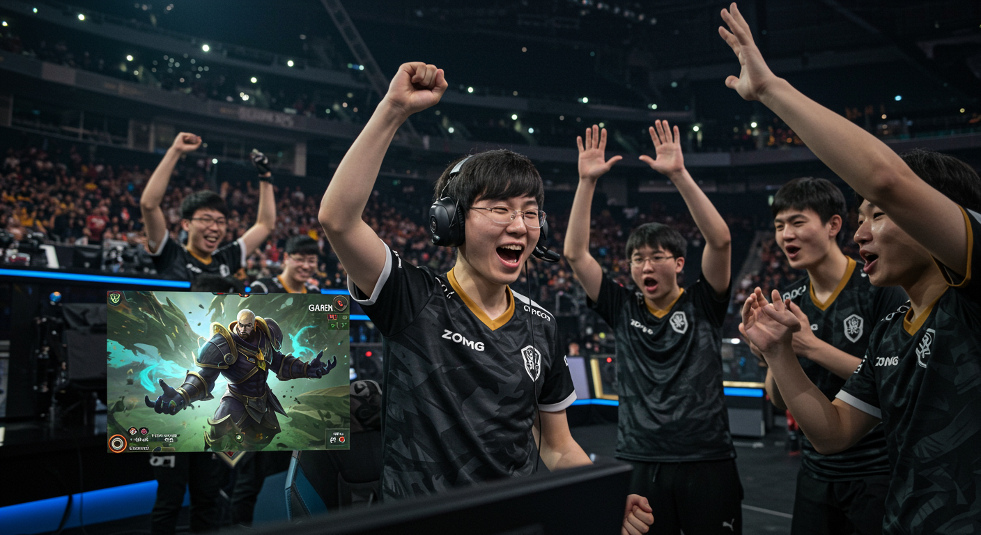 e스포츠 대회에서 팀원들과 함께 승리를 축하하는 한국 게이머의 모습