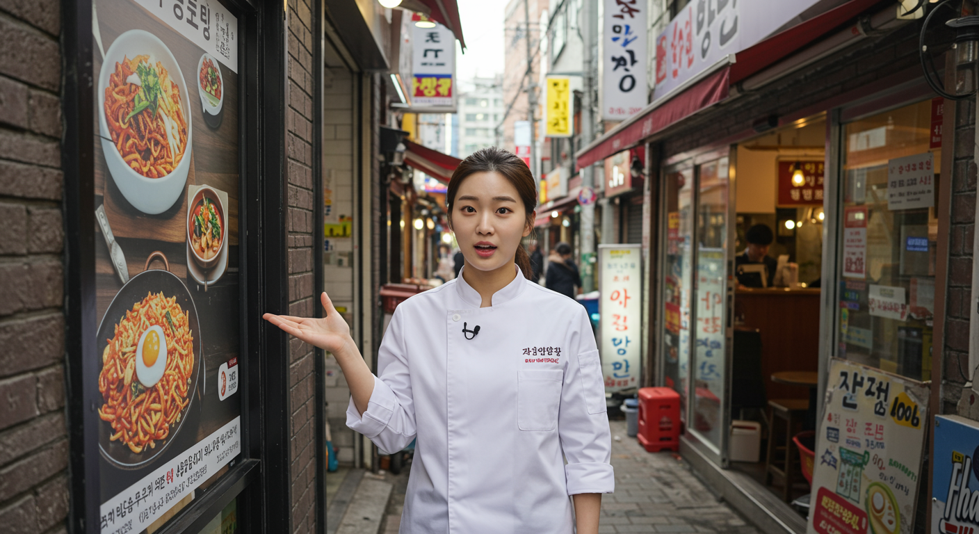 을지로의 번화한 거리 앞에서 당당하게 서 있는 젊은 여성 셰프