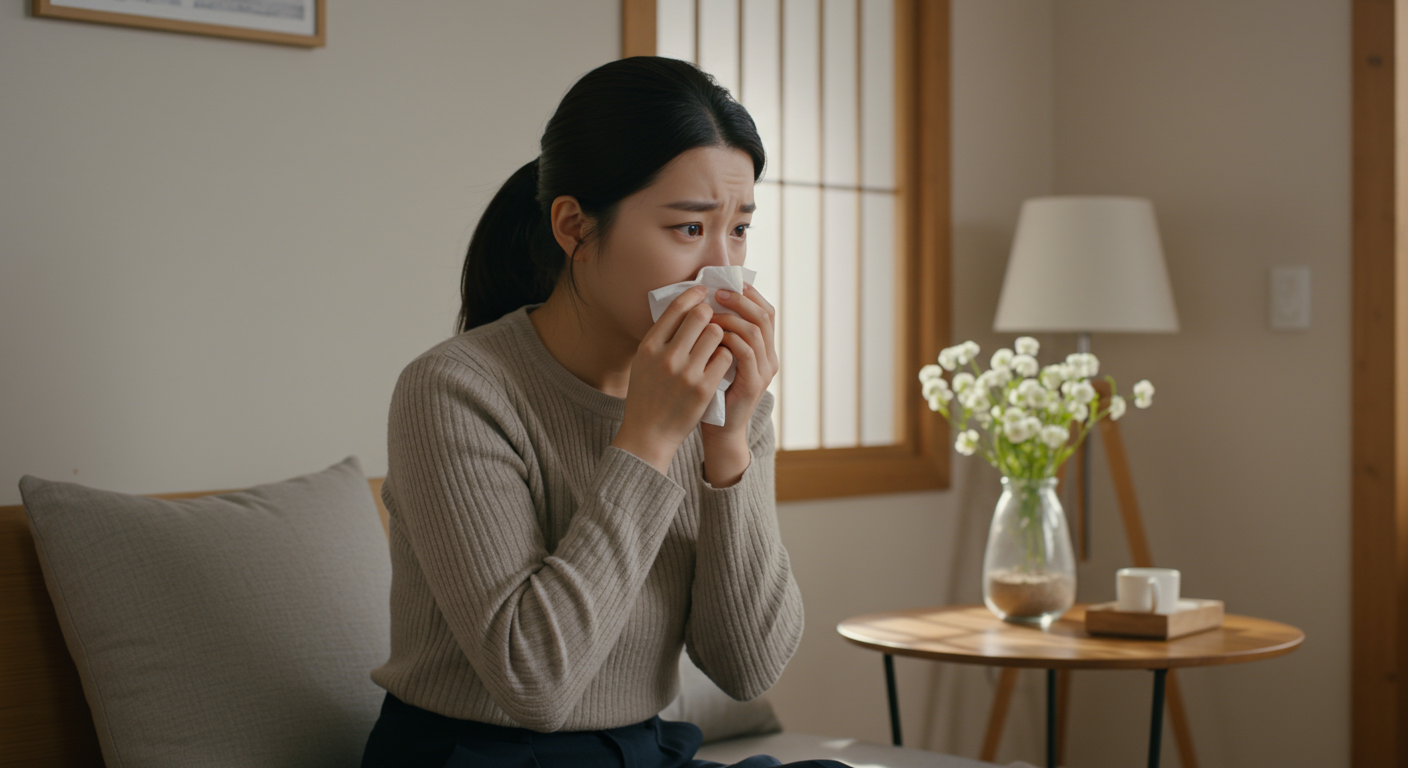 현대적인 한국 가정에서 약간의 코피를 흘리며 걱정스러운 표정을 짓고 있는 여성