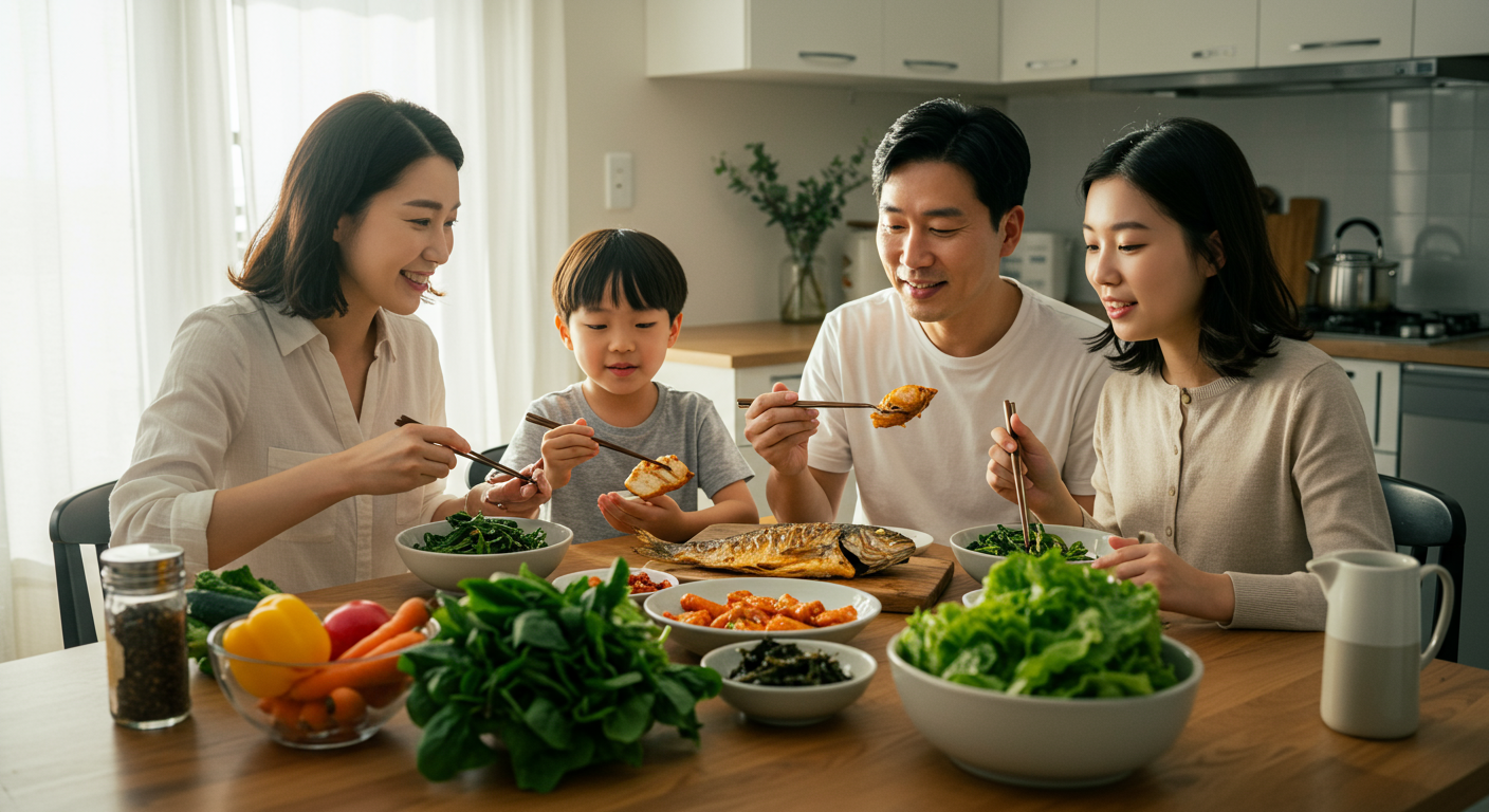신선한 야채와 구운 생선으로 건강한 식사를 즐기는 가족 모습