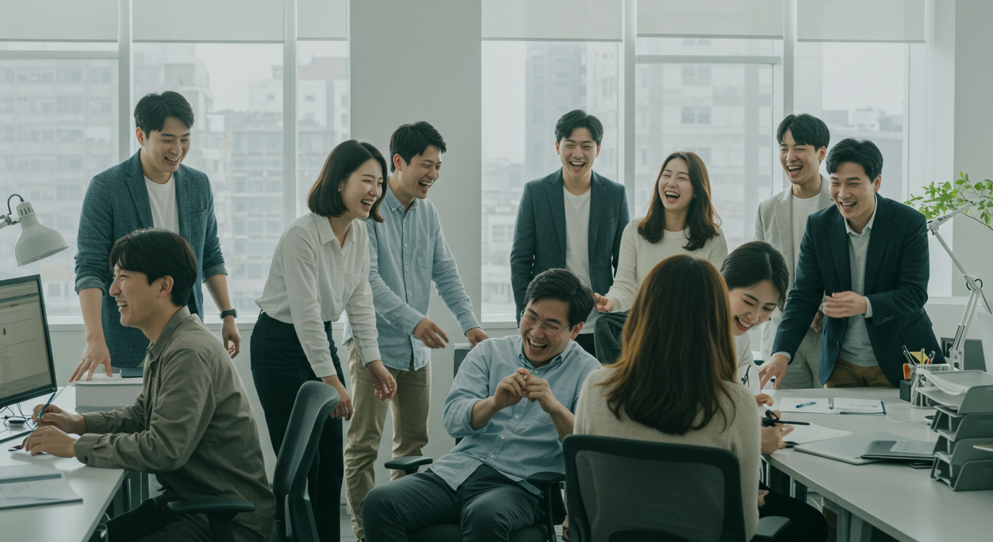 다양한 연령대의 직장인들이 사무실에서 아재개그를 나누며 웃고 있는 장면