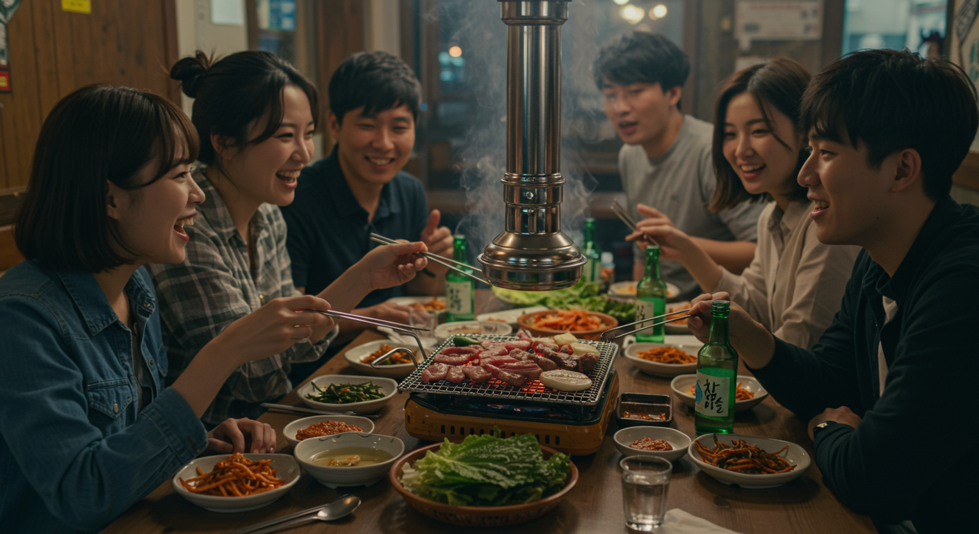 한국식 고깃집에서 함께 식사하며 아재개그로 웃고 있는 친구들