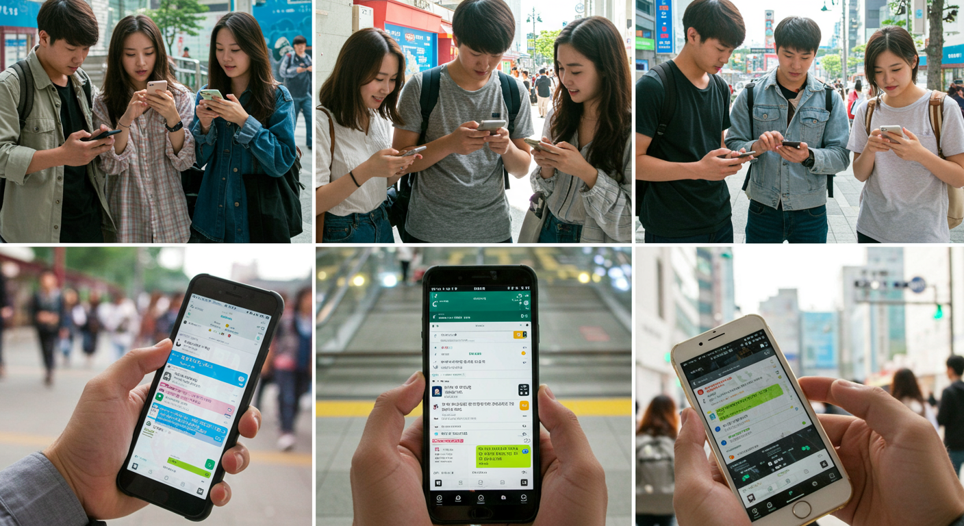 스마트폰으로 메시지를 보내며 맞춤법 실수를 하는 한국 젊은이들
