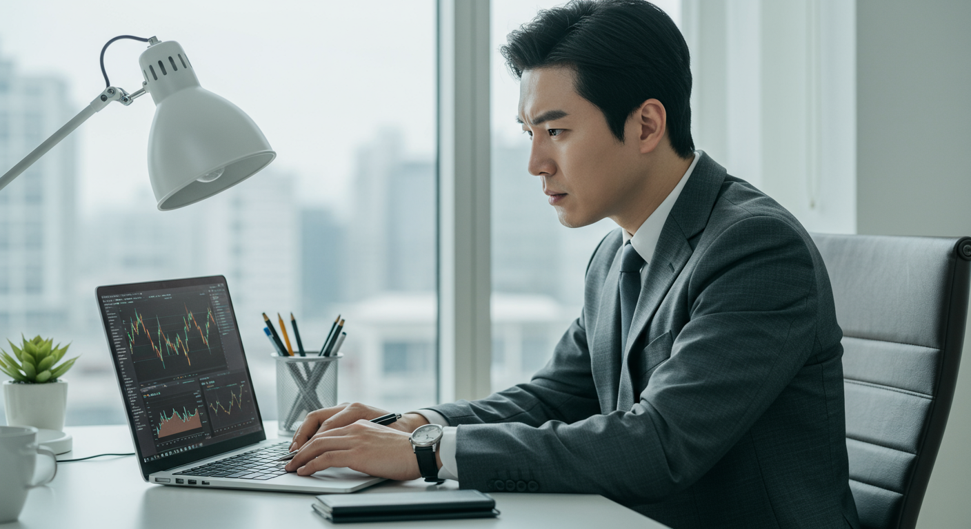 거래 플랫폼을 분석하며 집중하고 있는 결단력 있는 남성
