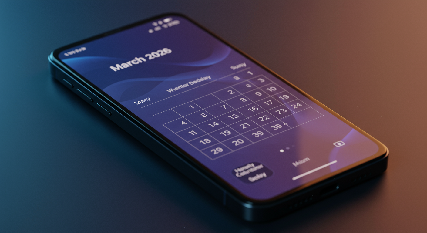 미래적인 인터페이스가 표시된 스마트폰이 디지털 달력에 놓여 있는 모습