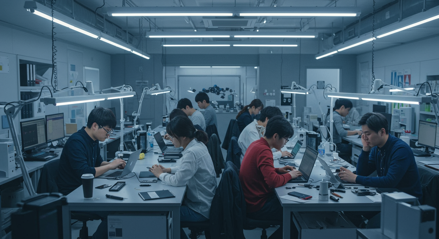 현대적인 사무실에서 스마트폰과 노트북을 작업하는 엔지니어들