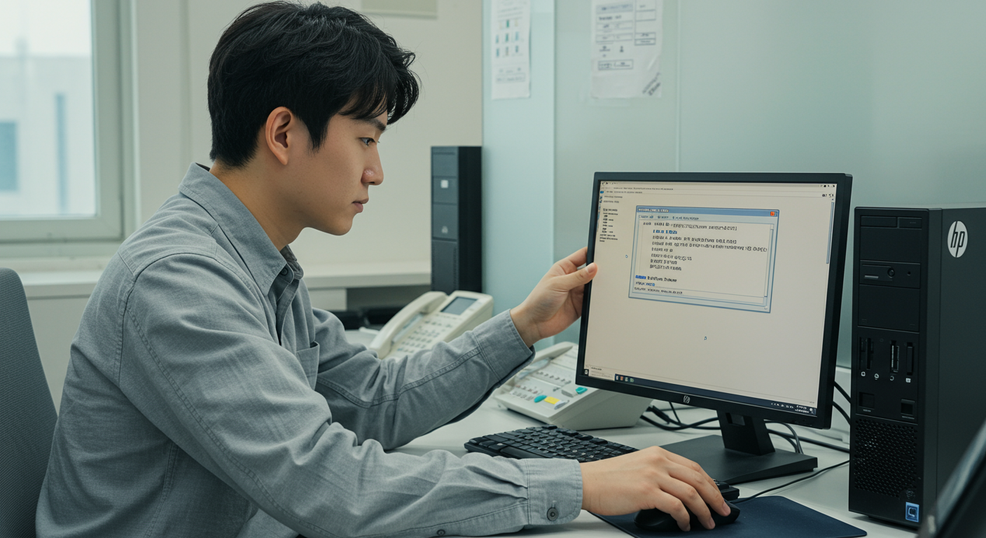 HP 데스크탑 컴퓨터의 BIOS 설정을 진행 중인 한국 엔지니어