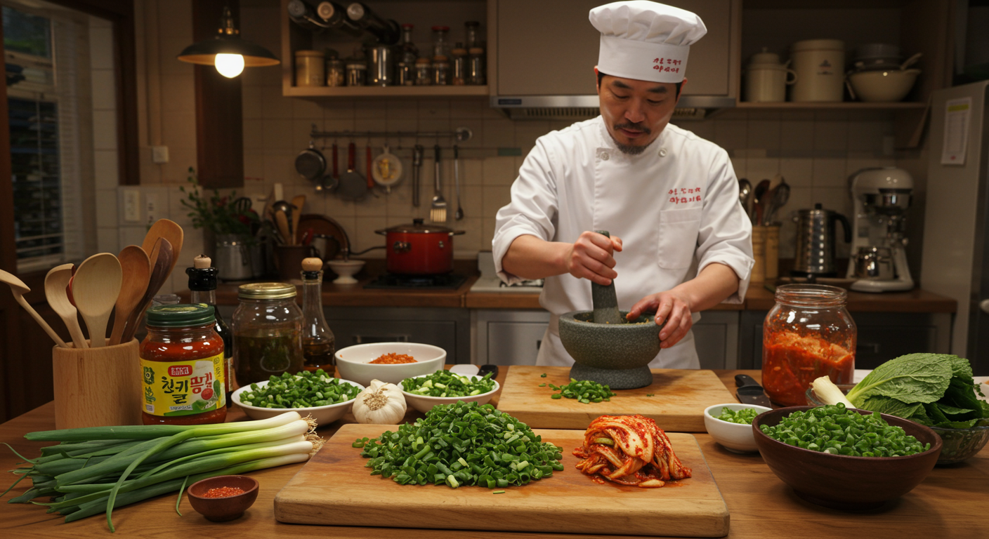 주방에서 멸치가루로 파김치를 준비하는 모습