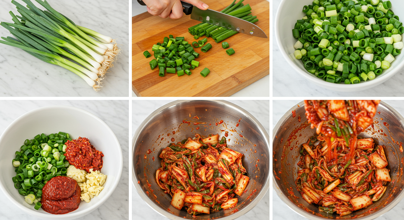 쪽파를 썰고 양념을 버무리는 모습
